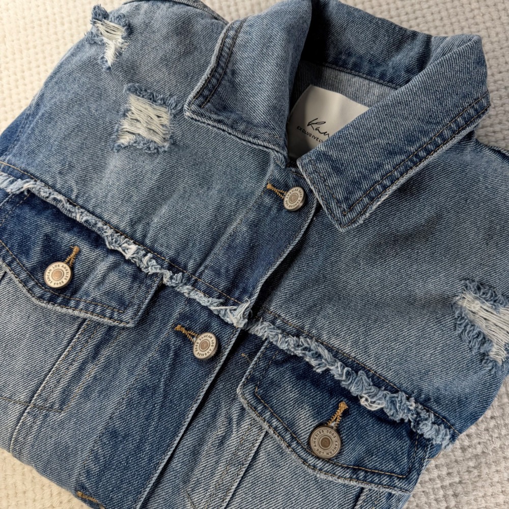 Kancan Maurices Distressed Denim Jacket Medium Wash Frayed Hem XS 129800
